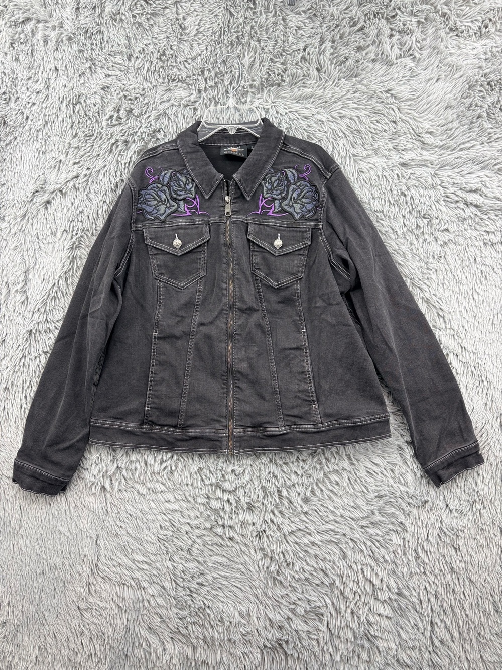 Harley Davidson Denim Jacket Womens 1X Black Zippered Embroidered Tribal Accents